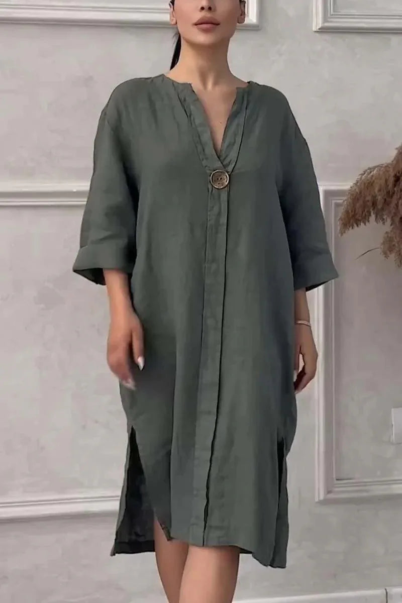 2024 Summer Fashion New Elegant Women's Cotton and Hemp Casual Long Sleeved V-neck Mid Length Commuter Style Solid Color Dress